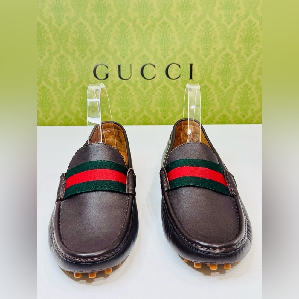Men’s Gucci Web Accent Leather Drivers Moccasin Dark Brown Size 8.5 New no Box! - Picture 3 of 16